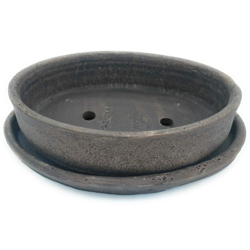 Maceta bonsai con plato rustica hecho a mano ext. e int. 30 x 9 cm