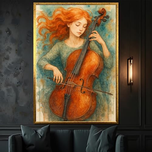 Tableau aquarelle violoncelliste sur toile 60x90cm sans cadre decoration musique