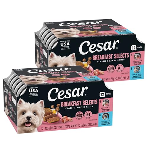 Cesar Classic Loaf in Sauce Wet Dog Food Breakfast Lovers, Smoked Bacon & Egg Flavor, and Scrambled Egg & Sausage Flavor, 3.5 oz. Easy Peel Trays, Wet Dog Food Variety Pack (12 Count, Pack of 2)