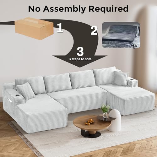 Image of 133 inch Oversized Cloud Boneless Sofa Couch with Chaise, Modern Corduroy Modular Sectional Sofa with Deep Seat, Comfy Couch with cupholders and Storage, No Assembly Required-Light Grey