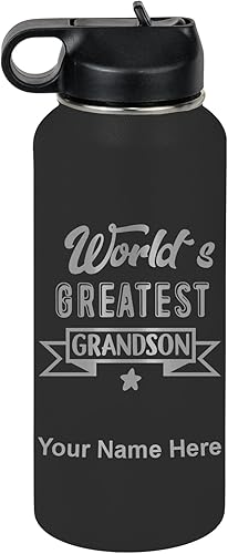 Miniatura 39 de LaserGram Personalized Water Bottle, World's Greatest Grandson, Stainless Steel Double Wall Vacuum Insulated with Flip Top Straw, Custom Engraved