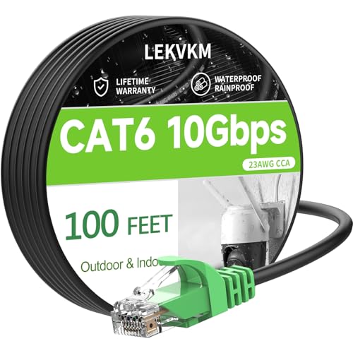 Cat 6 Ethernet Cable 100 ft High Speed 23AWG RJ45 Internet Cable for Outdoor and Indoor Use, Supports 10Gbps CAT6 Networks, Black PE Waterproof, Computer LAN for PCs, 100Feet
