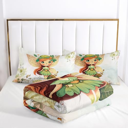 Image of AILONEN Fairy Comforter Set Queen Size, Pretty Butterfly Bedding Set for Kids Boys Girls, Watercolor Nature Plant Flowers Bed in a Bag, Kawaii Duvet Set, 3 Pieces, 1 Quilt and 2 Pillowcases