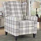 INZOY Wingback Pushback Recliner Chair, Fabric Push Back Recliners with Padded Seat, Mid Century Modern Reclining Chair for Living Room Bedroom, Grey Plaid
