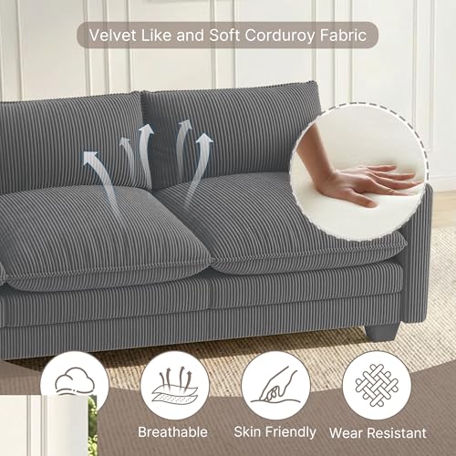 Image of Gizoon 110'' Oversized L Shaped Couch for Living Room, Cloud Couches with Washable Corduroy Cover, Modern 4-Seater Comfy Deep-Seat Sofa with Movable Ottoman and 2 Throw Pillows for Apartment, Gray