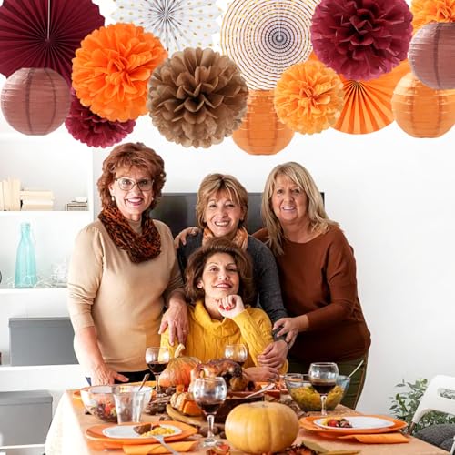Image of Burgundy Brown-Orange Baby-Shower Boho Party-Decorations - 20pcs Fall Autumn Paper Lanterns Fans,Tissue Pom Poms,Honeycomb Balls,Wedding Birthday Bridal Harvest Thanksgiving Festival Decor Burgleda