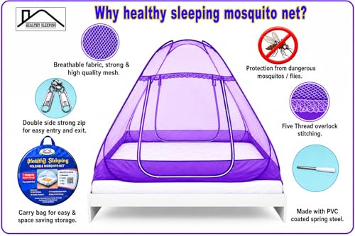 Image of Healthy Sleeping Mosquito Net | Double Bed | Supreme King Size Bed | Foldable Machardani with 2 Side Zipper Opening | Strong 30GSM Polyester Net | PVC Coated Steel Wire (Violet)