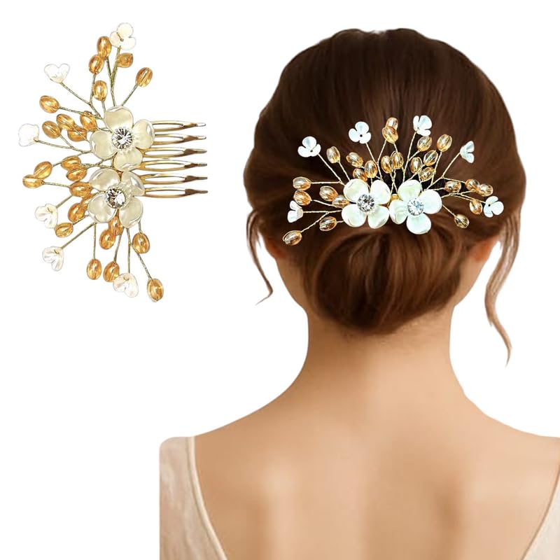 Hair Flare Floral Bridal Hair Comb with Crystals – Gold Hair Accessory with Pearls and Beads for Weddings, Parties & Formal Updos