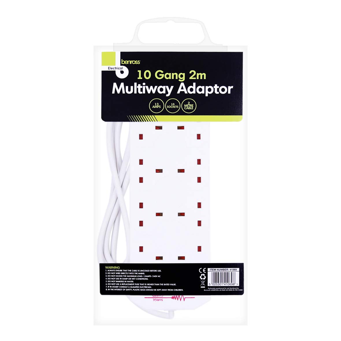 Benross 41069 10-Way Extension Cable / 2 Metre Extension Lead / Ideal For Home, Office Or Garden / 10 Uk Plug Sockets / Surge Protection / 13 Amps 5025301410698