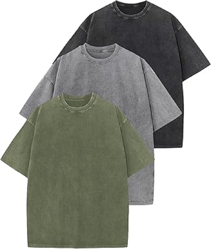 Generic3 Pack Men Oversized T Shirts Heavy Cotton Vintage Baggy Tee Casual Loose Short Sleeve Acid Wash Unisex Tops
