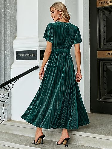 Image of Simplee Women's V Neck Velvet Maxi Dress Short Sleeve Empire Waist Long Formal Dress for Wedding Guest