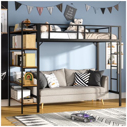 Listado de Cama Individual Walmart - solo los mejores. 44 SIMPLE HOGAR Cama Alta Individual con estantería,Litera Base Cama Individual,Cama Alta con barandillas de Seguridad y Escalera,no Requiere somier,Muebles de Dormitorio,Ahorra...