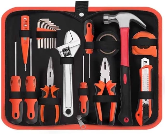 12 Piece Household Tool Set with Plastic Blow Molded Case, Most Reached Hand Tools for Home/Office/Garage Repair, Incl. Pliers/Adjustable Wrench/Screwdriver/Claw Hammer/Hack Saw/Tape Measure