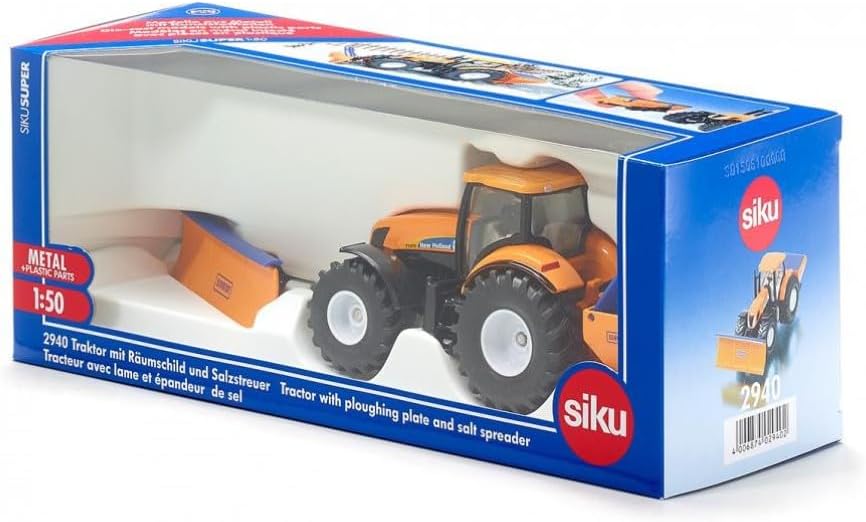 Siku 2940, Tractor with Snowplough and Salt Spreader, Winter Maintenance, 1:50, Metal/Plastic, Orange/Blue, Removable attachments
