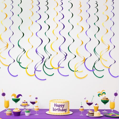 Image of 36 Pcs Green Yellow Purple Hanging Swirl Decorations Felt Swirl Streamer Spiral Ceiling Garland Banner for Mardi Gras Masquerade Theme Birthday Wedding Engagement Party Decor Supplies