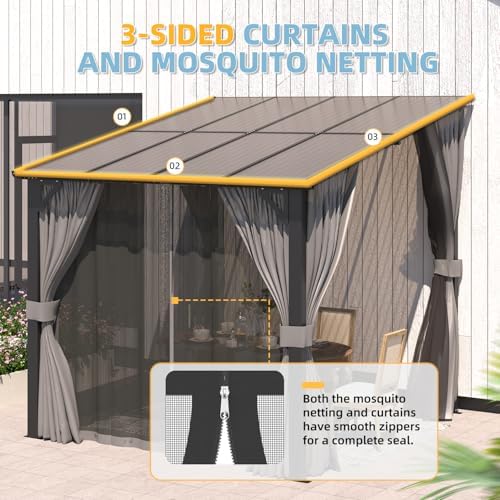 U-MAX 8' X 8' Gazebo for Patio, Small Wall-Mounted Lean to Pergola 8x8 Gazebo with Curtains and Netting, Hard Top Gazebos on Clearance for Lawn Backyard Garden Deck - 1