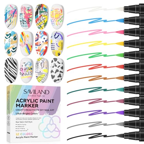 Image of SAVILAND Nail Art Pens Set: 12 Colors Quick Drying Acrylic Paint Markers 3D Nail Polish Pens for Nail Art Color-fast Nail Point Dotting Drawing Painting Liner Pens Nail Art Design Tools Kit Home DIY