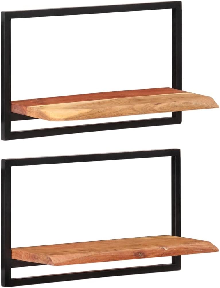 Wall Shelf Set of 2, Rustic Live Edge Solid Acacia Wood Floating Shelves with Matte Black Steel Frame for Living Room, Bathroom, Bedroom Storage