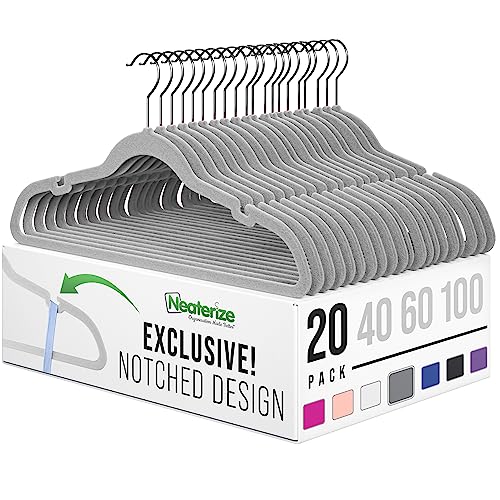 Image of NEATERIZE Velvet Hangers 20 Pack Grey A- Heavy Duty Velvet Clothes Hangers - Non Slip Felt Coat And Suit Hangers For Closet - Lightweight Thin Space Saving Ganchos Para Colgar Ropa