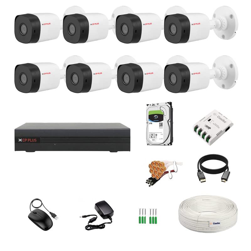 Image of CP Plus 8 Channel DVR + 5MP 8 Bullet Cameras with Audio Recording (Day /Night Vision) + 2TB HDD + Copper Cable Roll (1+3) + 8 CH Power Supply + BNC & DC Full Combo Kit
