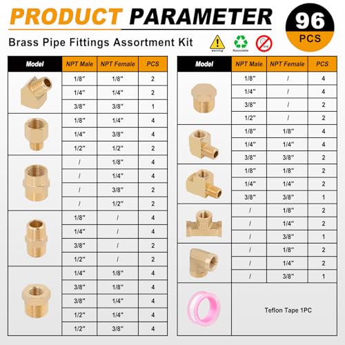 Image of KOOTANS 96PCS Brass Pipe Fittings Assortment Kit - NPT Adapter, Reducer Bushing, Hex Nipple, Coupling, Head Plug, 45 & 90 Degree Barstock Street Elbow, Tee Fittings Kit