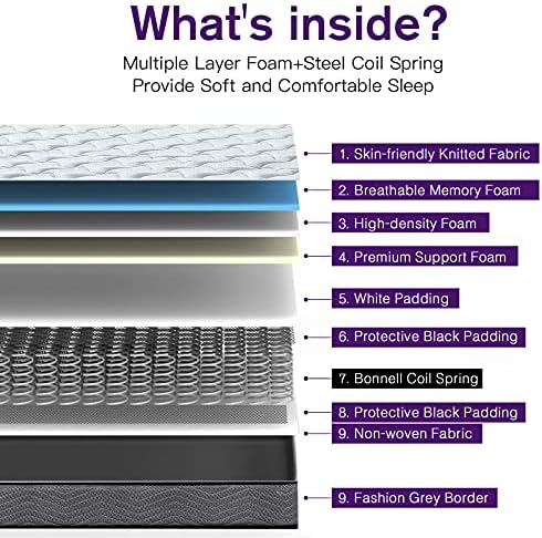 Kono 4FT6 Memory Foam Spring Hybrid Mattress Breathable and Medium Firm Feel - Double: 135cm x 190cm