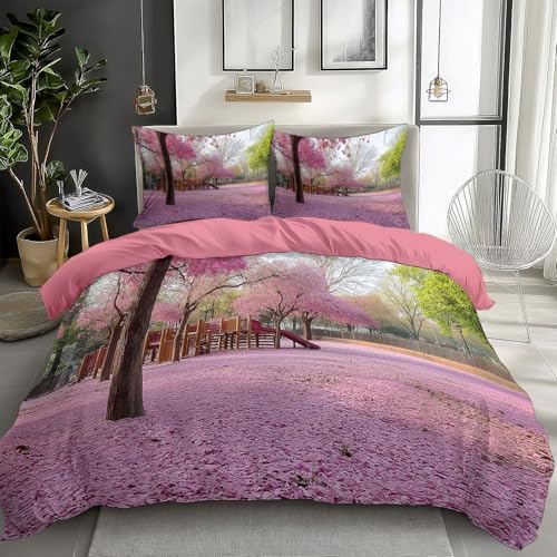 Antique Rose Duvet Cover King Size Scenery Cherry Blossom Reversible 3 Pieces Duvet Cover Set, Bedding Set for All Season, Soft and Breathable Bedding with Zipper Closure