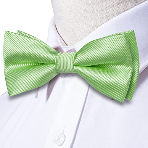 Image of Hi-Tie Bow Ties for Men Baby Green Striped Handkerchief Lapel Pin Cufflinks Mens Bowtie Sets for Wedding Formal Party