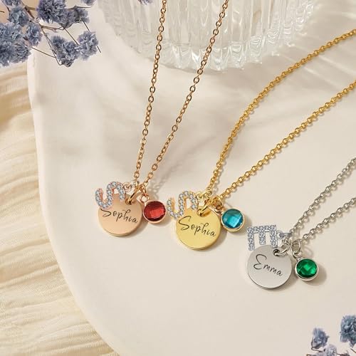 Customized Birthstone Necklace with Initial, Personalized Silver Name Plate Necklace for Women, Custom Pendant Jewelry Gifts for Christmas Birthday Thanksgiving Anniversary