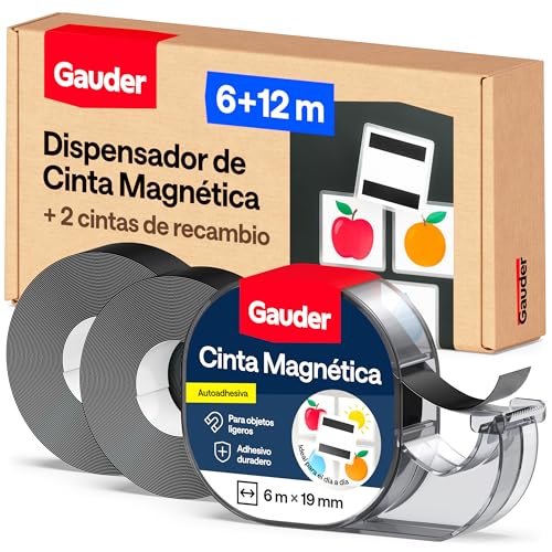 GAUDER Cinta Magnética con Dispensador - Tira Magnética Autoadhesiva para Objetos Ligeros - Cinta Imantada para Postales y Fotos sobre Superficies Metálicas (6 m x 19 mm + 2 Rollos de Recambio)