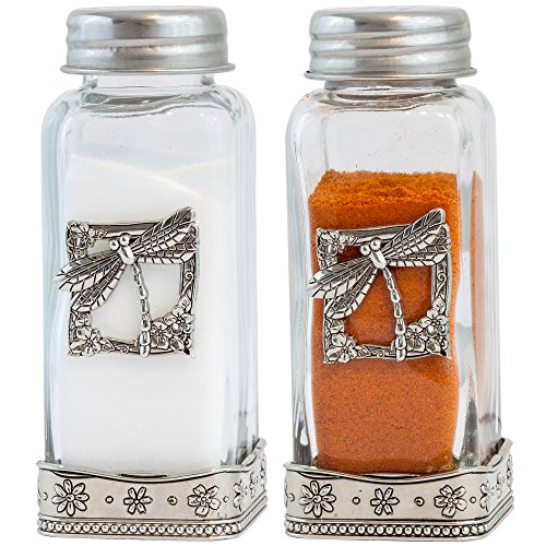 Dragonfly Salt and Pepper Shakers Gift Set - 2 Pieces | Glass Body & Stainless Steel Screw Off Cap & Base - Decorative Metal Base Unique Design | kitchen & Dining Decor (Dragonfly)