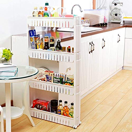 Image of GLOWICK Space Saving Slim Side Storage Organizer Rack with Wheels for Easy Movement Unbreakable Plastic Storage Rack for Kitchen Bathroom Bedroom (1Pcs) (4 Layer)