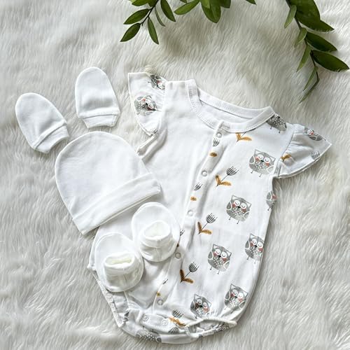 Image of Picksparrow Cotton Newborn Baby Rompers, Cap, Booties, Mittens Set /Newborn Essentials (Set of 4(Owl-Girl))