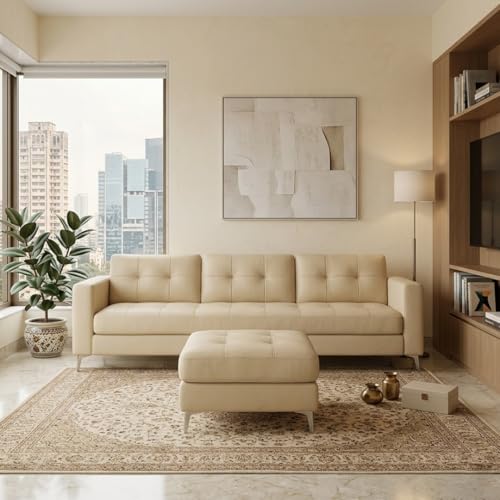 Image of CASASTYLE Creamoy 4 Seater L Shape Sofa Set with Movable Ottoman | Flexible Left or Right Layout | Premium Leatherette | Soft Touch Seating | Ideal Sofa for Living Room (Cream)