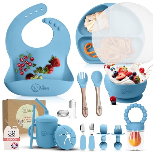 Image of O'doe 17-Piece BPA-Free Silicone Baby Feeding Set | Thick & Soft Suction Plates, Baby Bowls, Wooden Fork & Spoon, and More | Make Mealtime Fun and Easy for Your Little One (Blue, V2)