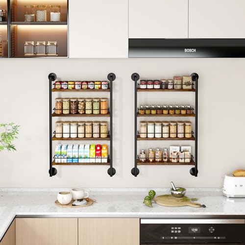 IBUYKE LJ016H - Portaspezie da parete, 4 ripiani, grande organizer per spezie fino a 50 bicchieri, in legno, per cucina, porta armadio, bagno, dispensa, marrone - immagine 5