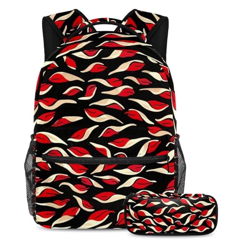 Art Abstrait Red Lips Sac à dos confortable avec sa trousse pour étudiants