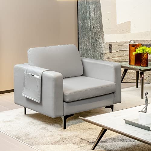 Giantex Single Sofa, Accent Chair, Leisure Chair W/Comfy Thick Cushion, Armrest Magazine Pockets, Metal Legs, Living Room Upholstered Armchair For Bedroom Reception Room Light Grey #TOP1