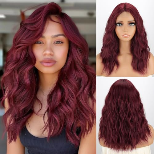 MISSQUEEN Burgundy Red Short Wavy Wig 18 Inch Women's Middle