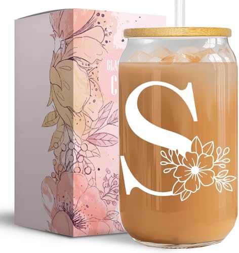 Initial Glass Cup, Monogrammed Gifts for Women, 16 oz Glass Cups with Lids and Straws, Coffee Smoothie Beer Glass Personalized Christmas, Birthday Gifts for Her Mom (S)
