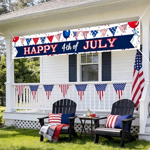 Image of BlissYard Happy 4th of July Banner 118 x 20 inch Patriotic Banner for Outside Independence Day Decorations Veterans Day Memorial Day American Flag Party Banner for Yard Fence Porch