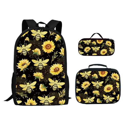 Ialtsidws 3Pcs Sunflower Backpack for Girls Boys, 17 Inch Sunflower Bookbag for School with Lunch Box and Pencil Case, Reusable Laptop Backpacks Set for Teens Students