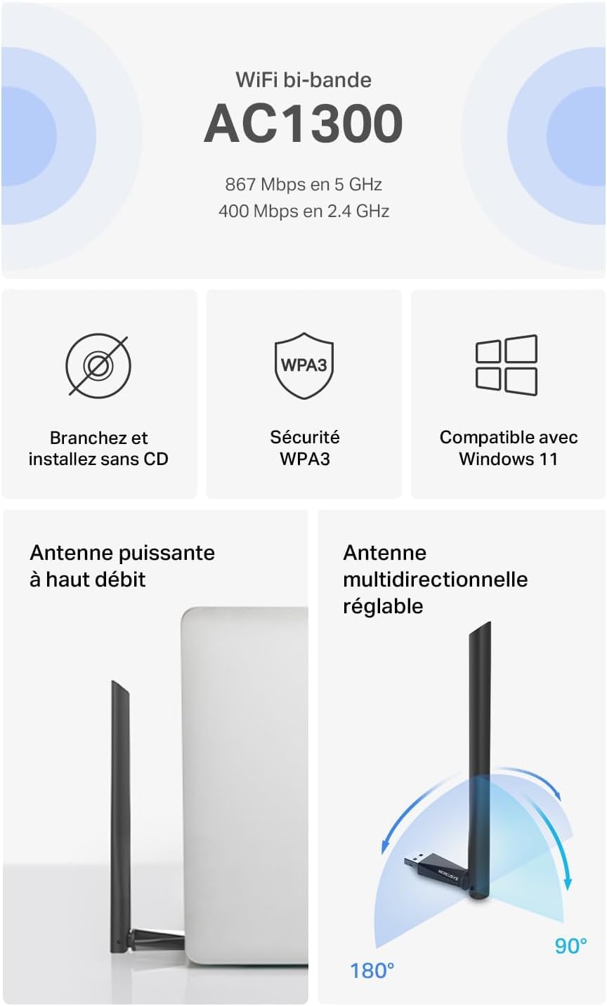 MERCUSYS MA30H TP-Link Clé WiFi Puissante AC1300Mbps, Adaptateur USB WiFi, Antennes à Gain Elevé, Dongle WiFi, Bi-Bande, MU-MIMO, Brancher et Utiliser, Compatible avec Windows 11/10/8.1/7