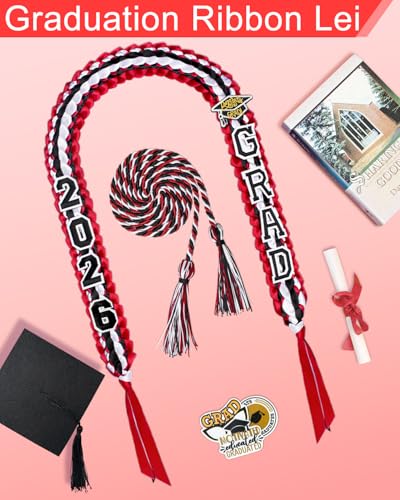 Image of Yigney Graduation Lei Set Class of 2026 Grad Ribbon Leis with Honor Cord Double Braided Graduate Leis for Men Women Red Black White