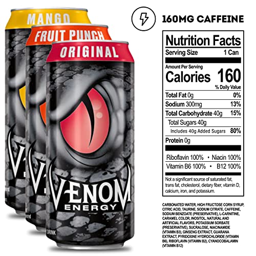 Venom Energy Drink, Variety Pack (Original, Mango, and Fruit Punch), 0 Fat, 160mg Caffeine, 16 Fl Oz (Pack of 12) By LastFuel.