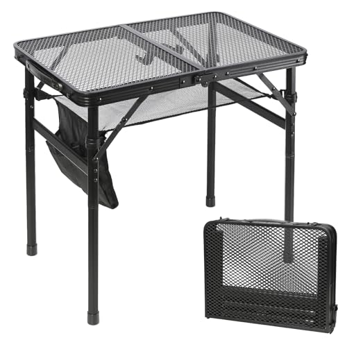 SKIKEN Small Floding Grill Table with Mesh Layer, 2 Height Adjustable, Portable & Lightweight Metal Camping Table for Outdoor, Beach & BBQ - Compact (2 FT, Black)