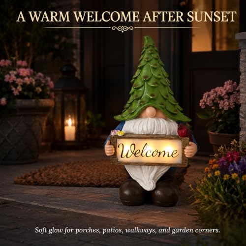 hvfun Solar Garden Gnome Statue with Welcome Sign, 13.5" Resin Outdoor Gnome Decor with LED Light, Cute Garden Statue for Yard, Porch, Patio, Lawn, Housewarming Gifts for Women Mom Grandma — view 4