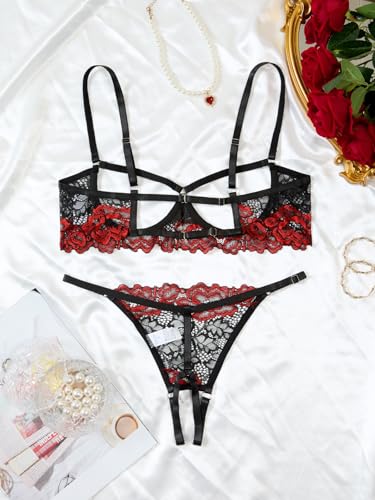 Image of Lilosy Sexy Underwire Floral Lace Sheer Lingerie Set for Women See Through Bra and Panty 2 Piece