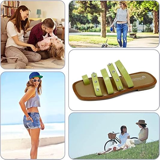 Boxpopla Rivet Strappy Gladiator Slide Sandals for Women's Flat Thong Square Open Toe Slip On Clip Toe Slide Summer Studded Toe Ring Flip Flop Beach Slippers