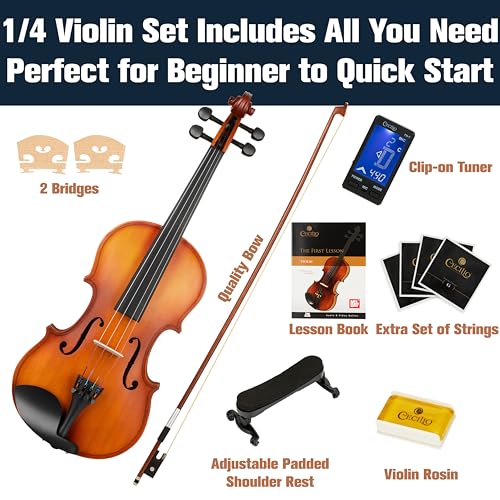 Image of Mendini By Cecilio 1 /4 Violin Set For Beginners - Fiddle Solidwood Kit with Hard Case - Acoustic Violin with Bow, Rosin, Tuner, Extra Strings & Bridge, Shoulder Rest and Lesson Book (Satin Antique)